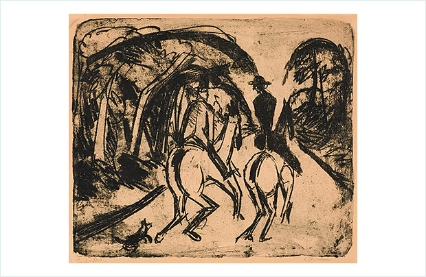 Sammlung Bayer: Ernst Ludwig Kirchner Ernst Ludwig Kirchner, Reiter im Grunewald, 1914, Lithographie, 55 x 64 cm © Kirchner-Archiv, Henze & Ketterer, Wichtrach/Bern