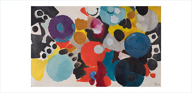 Sammlung Bayer: Ernst Wilhelm Nay Ernst Wilhelm Nay, Rot im Zentrum, 1955, Öl auf Leinwand, 100 x 162 cm © Elisabeth Nay-Scheibler, Köln/VG Bild-Kunst, Bonn 2021