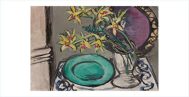 Sammlung Bayer: Max Beckmann Max Beckmann, Orchideen-Stillleben mit grüner Schale, 1943, Öl auf Leinwand, 60 x 90 cm © VG Bild-Kunst, Bonn 2021