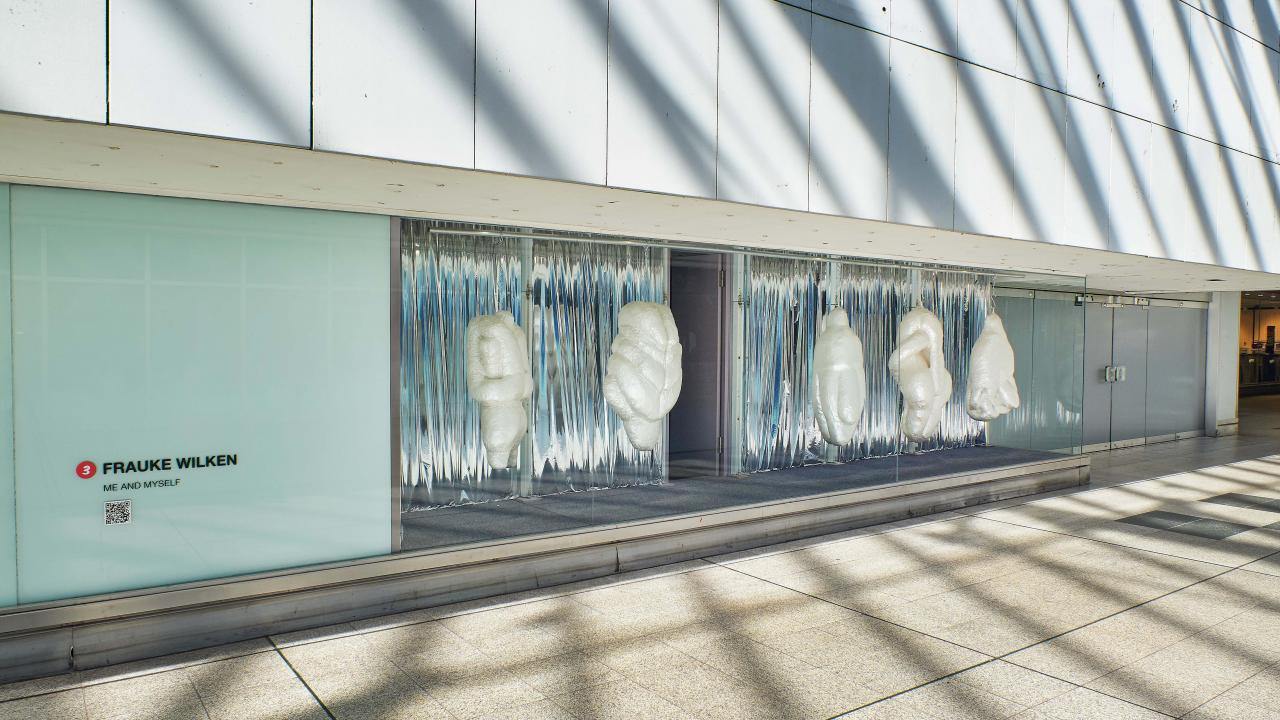 Weiße abstrakte Skulpturen in einer Glasvitrine mit dem Text „Frauke Wilken“ auf der linken Seite, in einem sonnenbeschienenen Bereich mit gestreiften Schatten auf dem Boden.